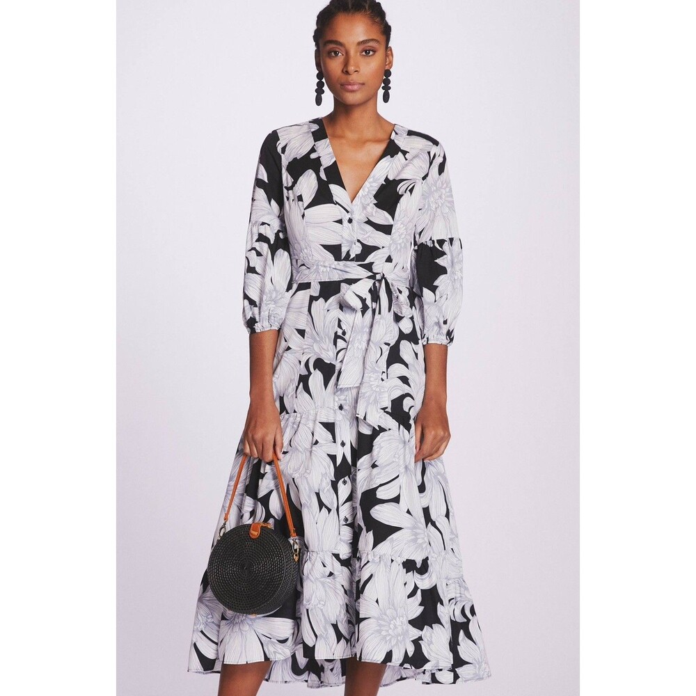Anthropologie Maeve Floral Puff-Sleeved Midi Dress Tiered Black & White sz 00